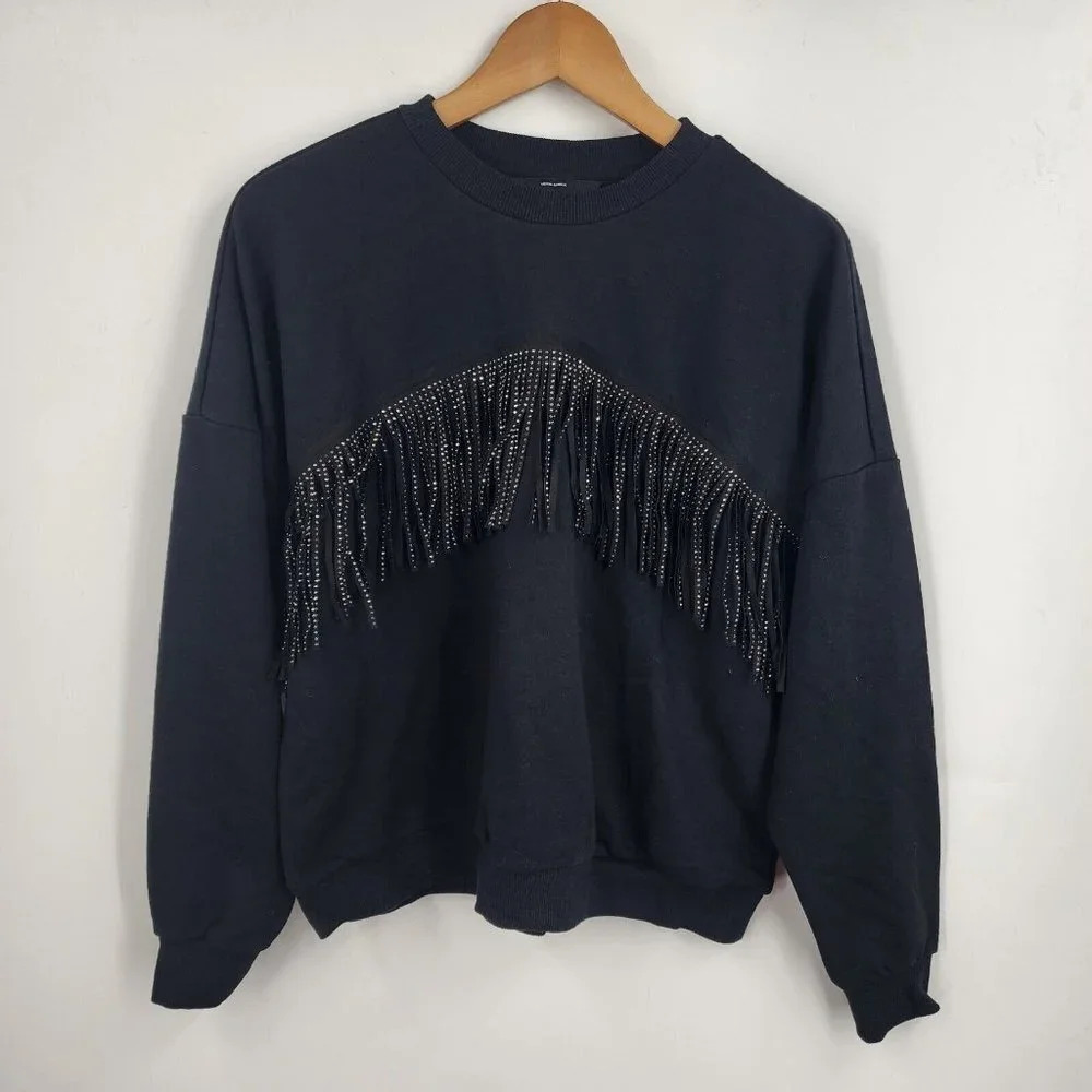 VERO MODA Kaidyn Rhinestone Fringe Pullover Sweatshirt In Black Size S NWT - Picture 2 of 11